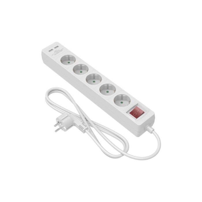 Table Receptacle 5-way earth with cable 1.4mtr + plug + 2 USB K) 3G1.0mm-1.4m white, Max 2300W